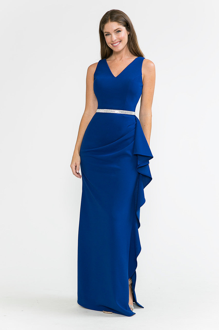 Prom Dresses Ruffle Formal Slit Long Prom Dress Lenovia 5287 Royal Blue