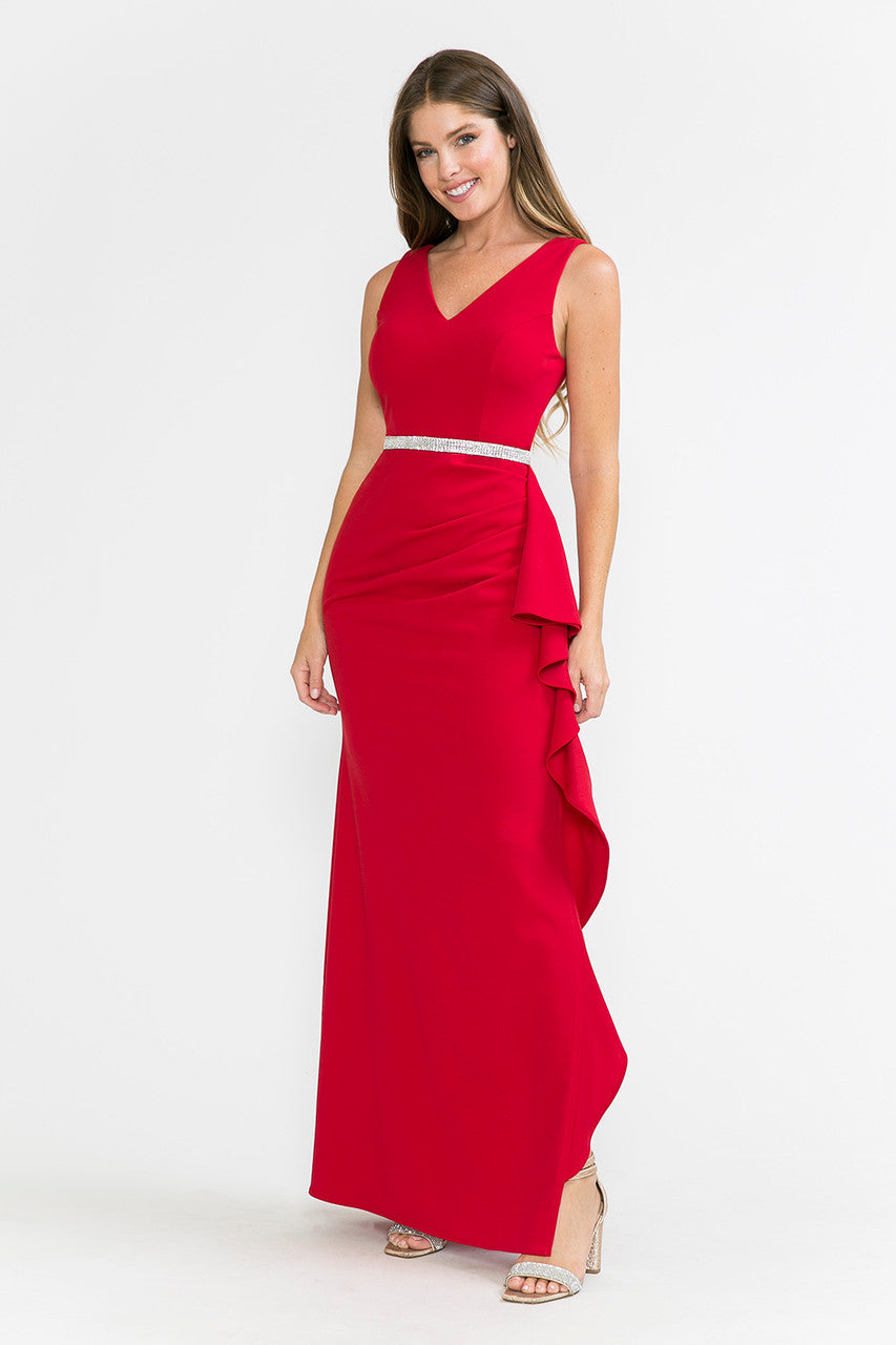 Prom Dresses Ruffle Formal Slit Long Prom Dress Lenovia 5287 Red
