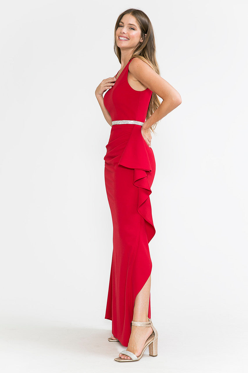 Prom Dresses Ruffle Formal Slit Long Prom Dress Lenovia 5287 Red