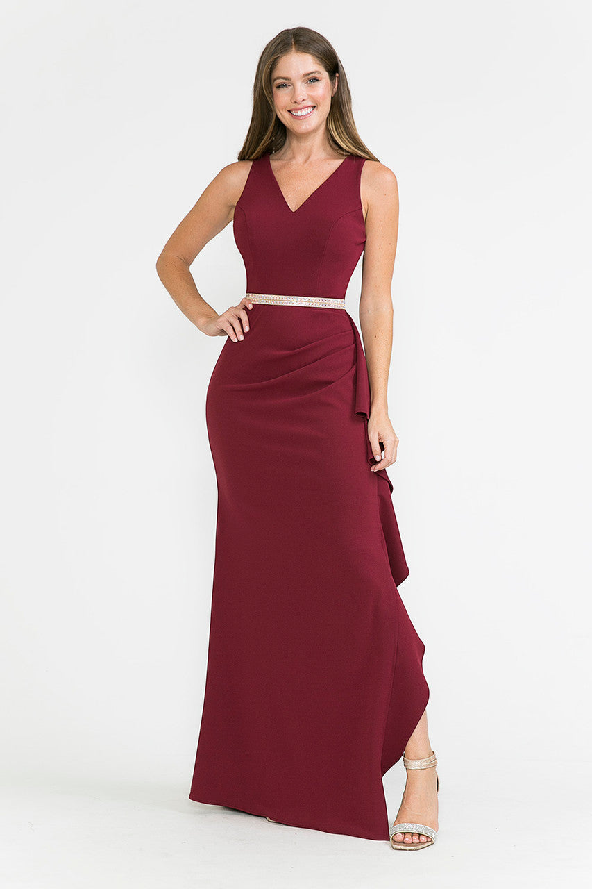 Prom Dresses Ruffle Formal Slit Long Prom Dress Lenovia 5287 Burgundy