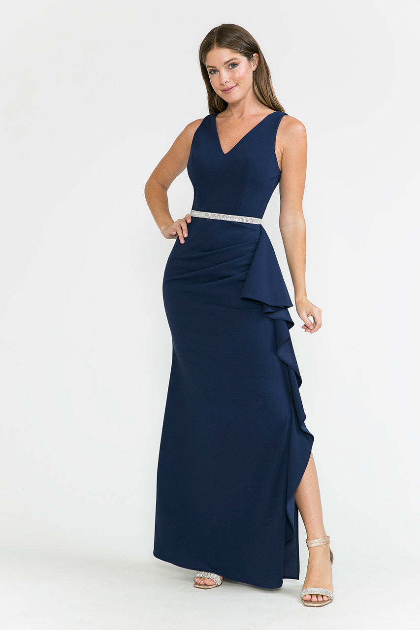 Prom Dresses Ruffle Formal Slit Long Prom Dress Lenovia 5287 Navy Blue