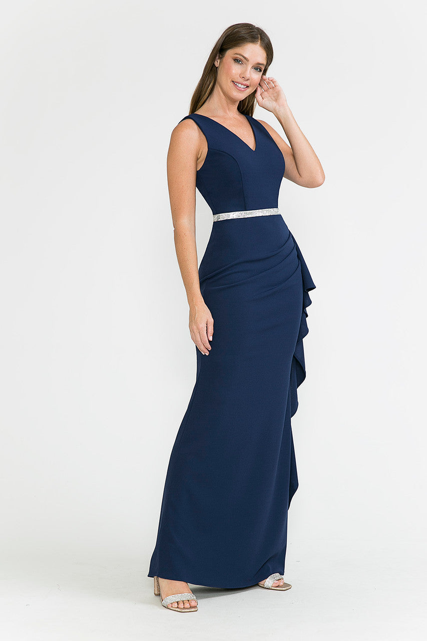 Prom Dresses Ruffle Formal Slit Long Prom Dress Lenovia 5287 Navy Blue