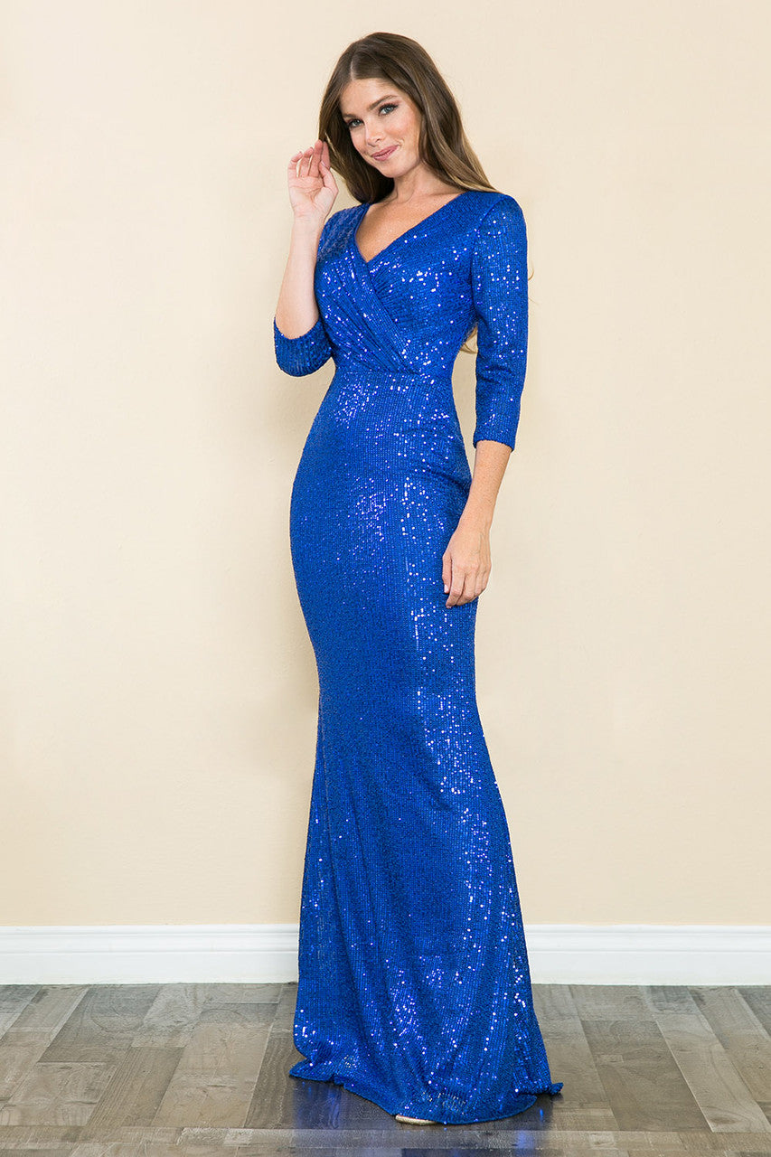 Mother of the Bride Dresses Sequin Mother of the Bride Fitted Long Formal Dress Lenovia 8186 Royal Blue