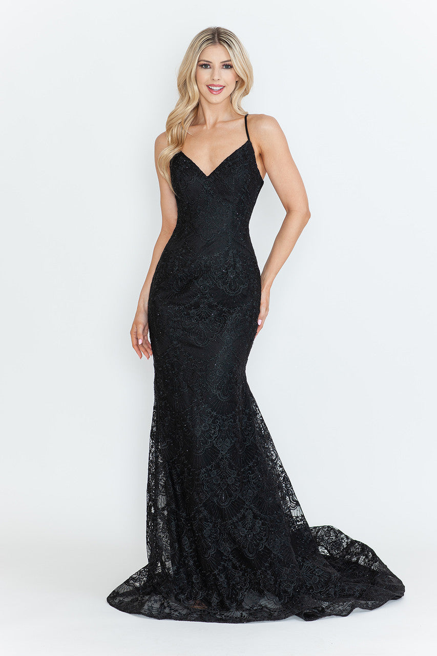 Prom Dresses Formal Prom Lace Fitted Long Evening Dress Lenovia 8338 Black