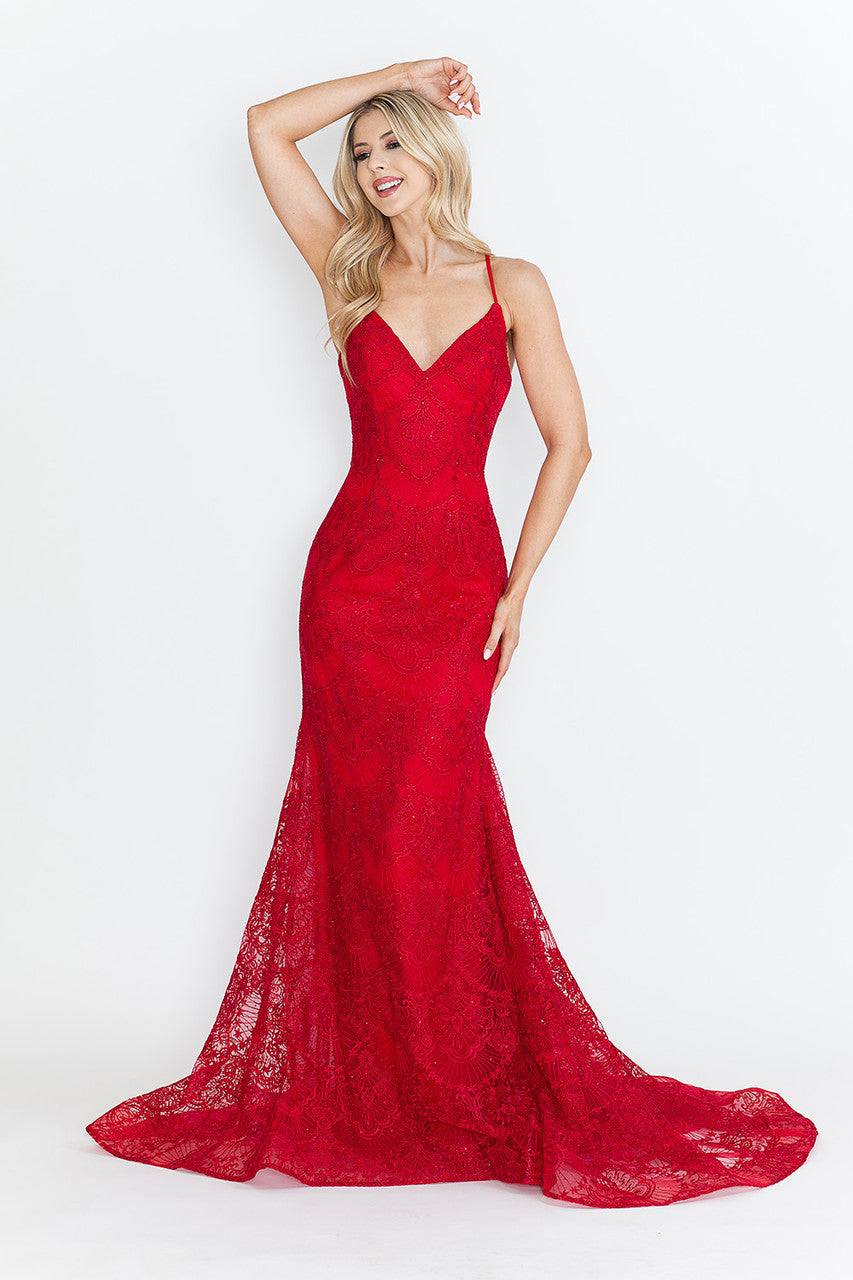 Prom Dresses Formal Prom Lace Fitted Long Evening Dress Lenovia 8338 Cherry Red