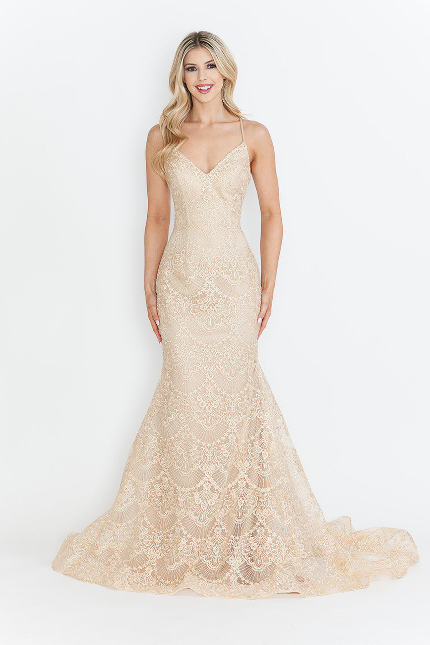 Prom Dresses Formal Prom Lace Fitted Long Evening Dress Lenovia 8338 Champagne Gold