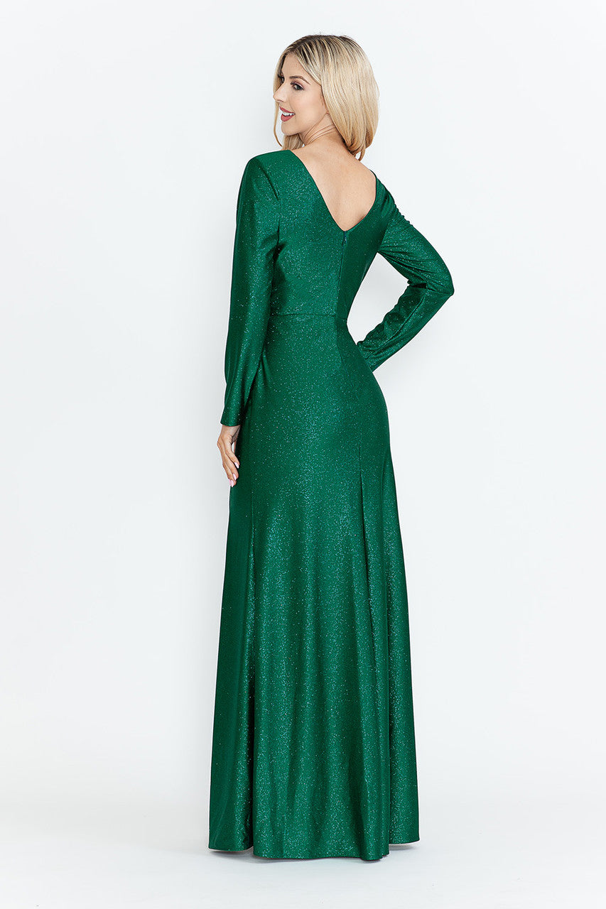green sparkly long sleeve dress Glitter Long Sleeve Slit Gown by Lenovia 5323 2XL / Champagne Gold