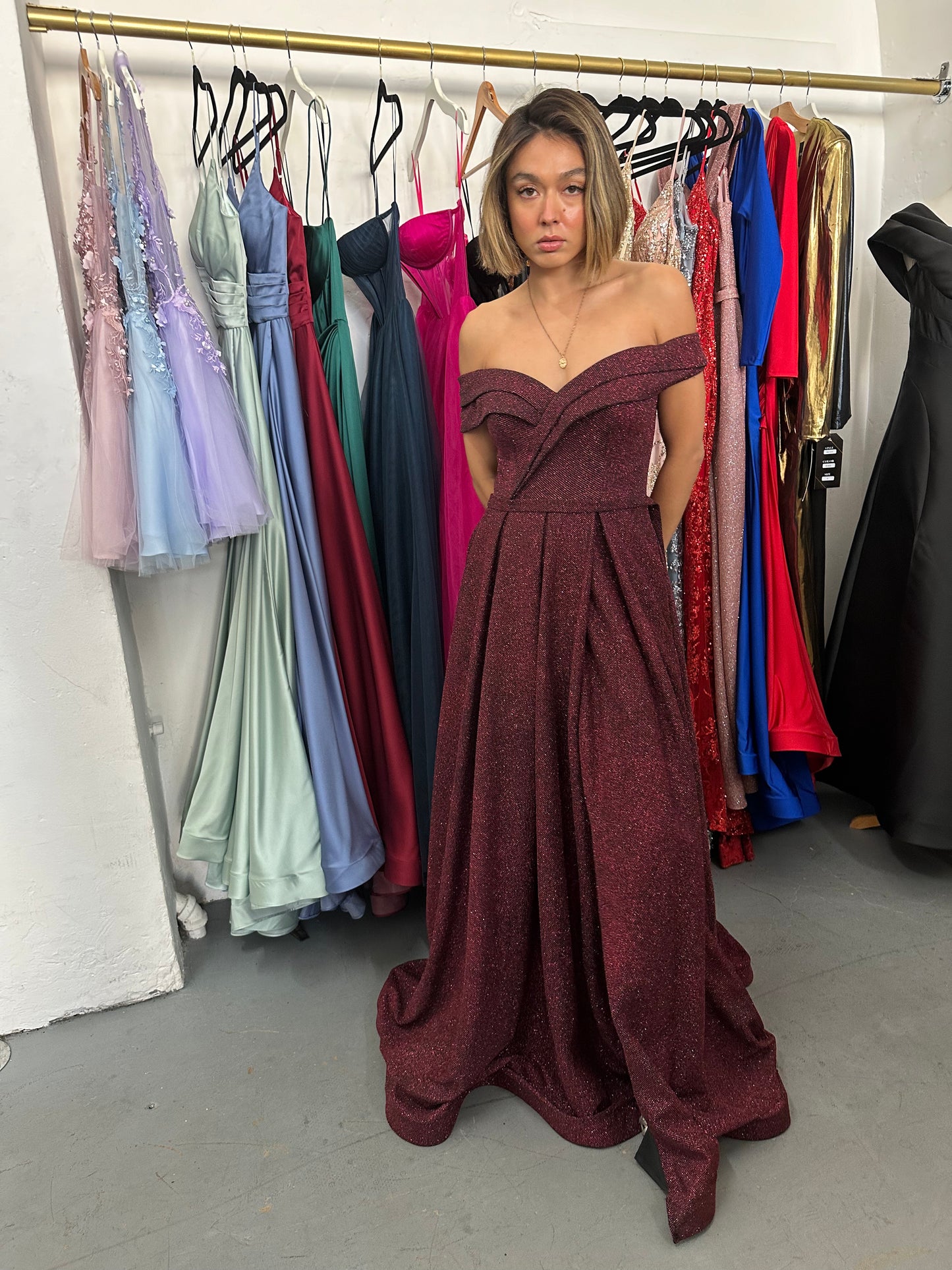 Burgundy Long Off Shoulder Formal Dress Sale for $59.0 – The Dress Outlet