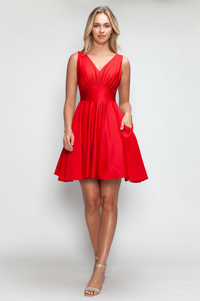 V-Neck Mini Short Satin Cocktail A-Line Lenovia 3090