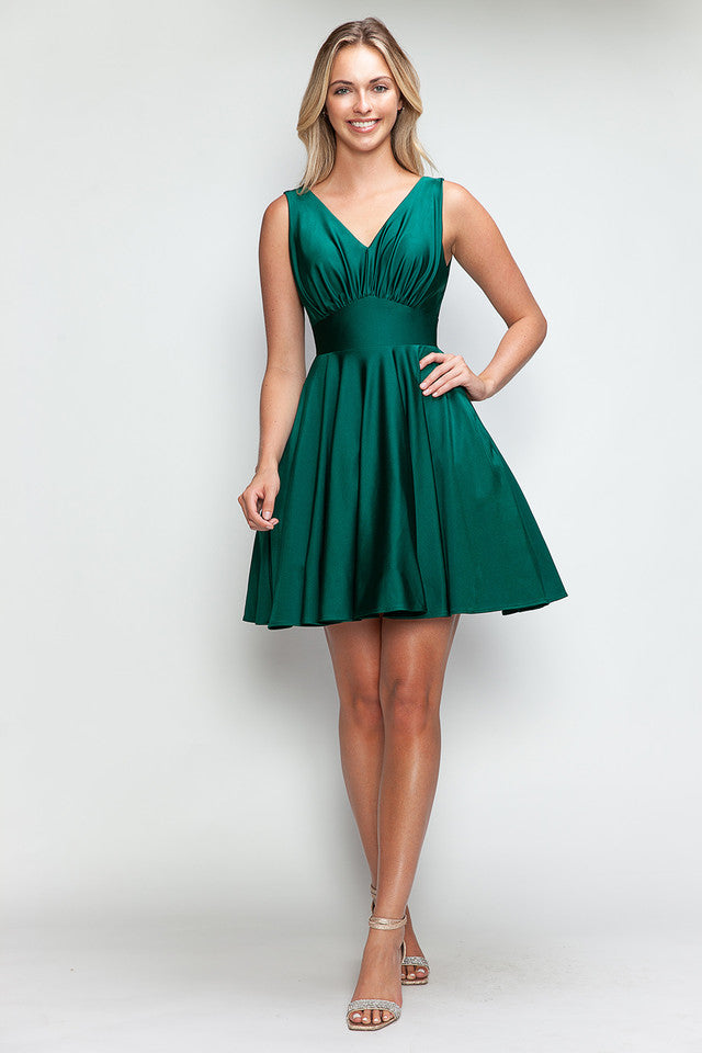 V-Neck Mini Short Satin Cocktail A-Line Lenovia 3090