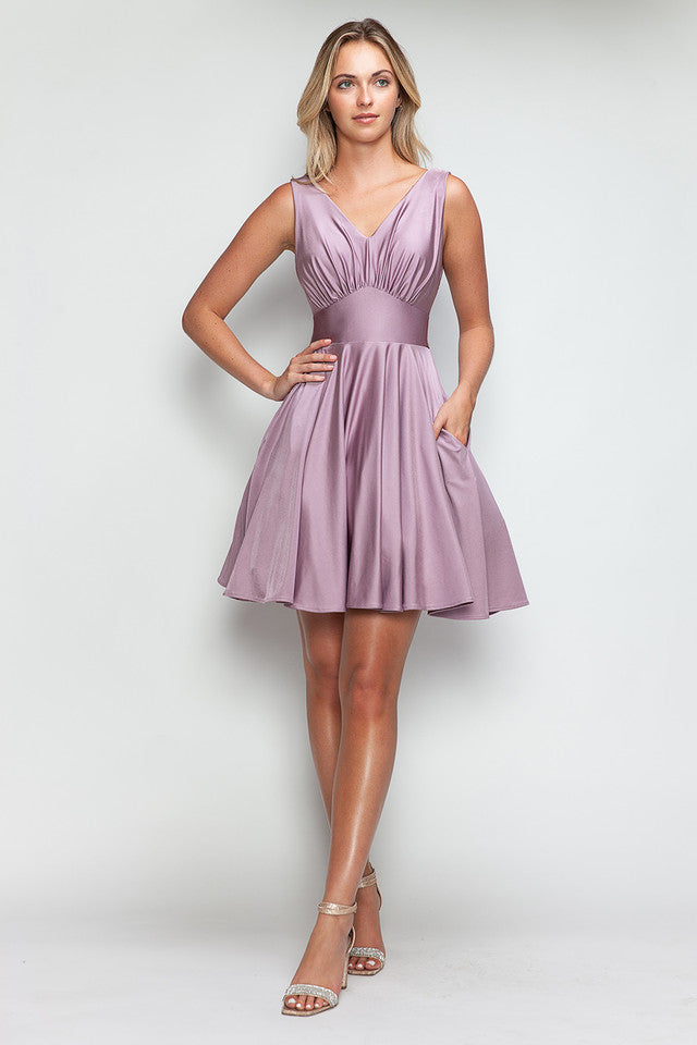 V-Neck Mini Short Satin Cocktail A-Line Lenovia 3090