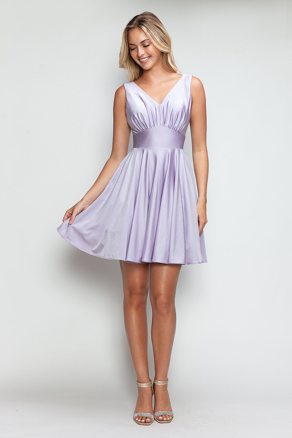 V-Neck Mini Short Satin Cocktail A-Line Lenovia 3090