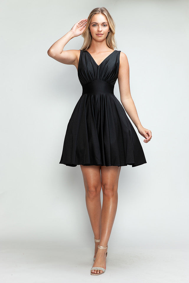 V-Neck Mini Short Satin Cocktail A-Line Lenovia 3090