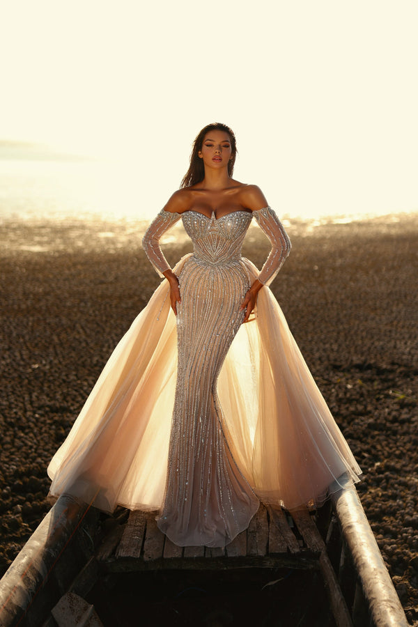 Off-the-Shoulder Floor-Length with Train Tulle Prom Mermaid Trumpet LD11539 Pre Order