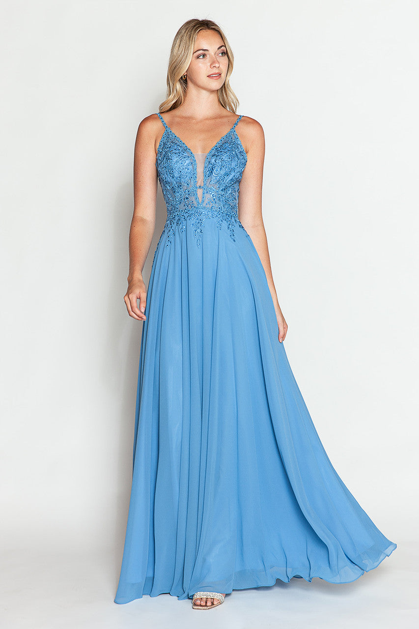 Prom Dresses Long Formal Floral Evening Prom Dress Lenovia 8185 Denim Blue