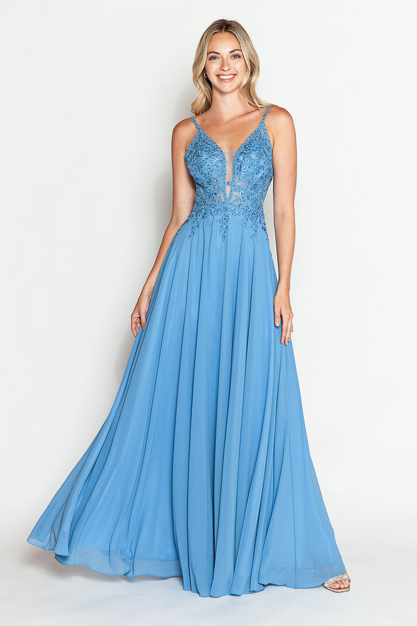 Prom Dresses Long Formal Floral Evening Prom Dress Lenovia 8185 Denim Blue
