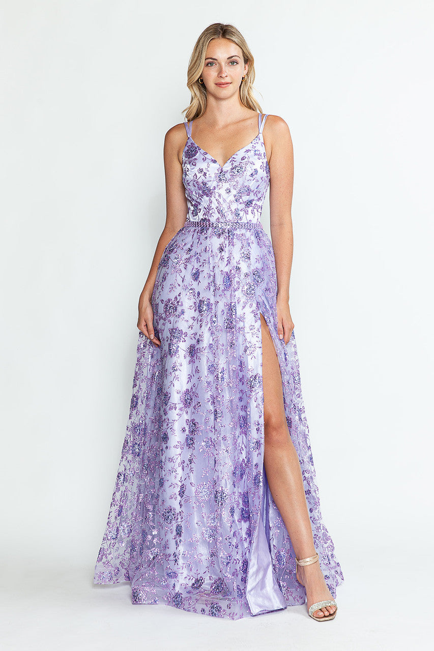 Prom Dresses Glitter Corset Long Formal Floral Prom Dress Lenovia 8235 Lilac