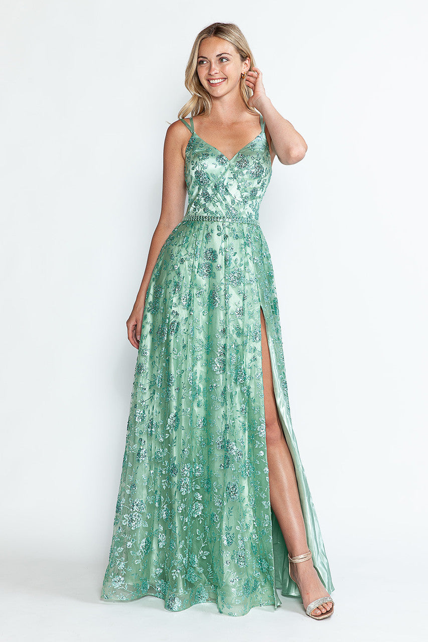 Prom Dresses Glitter Corset Long Formal Floral Prom Dress Lenovia 8235 Sage