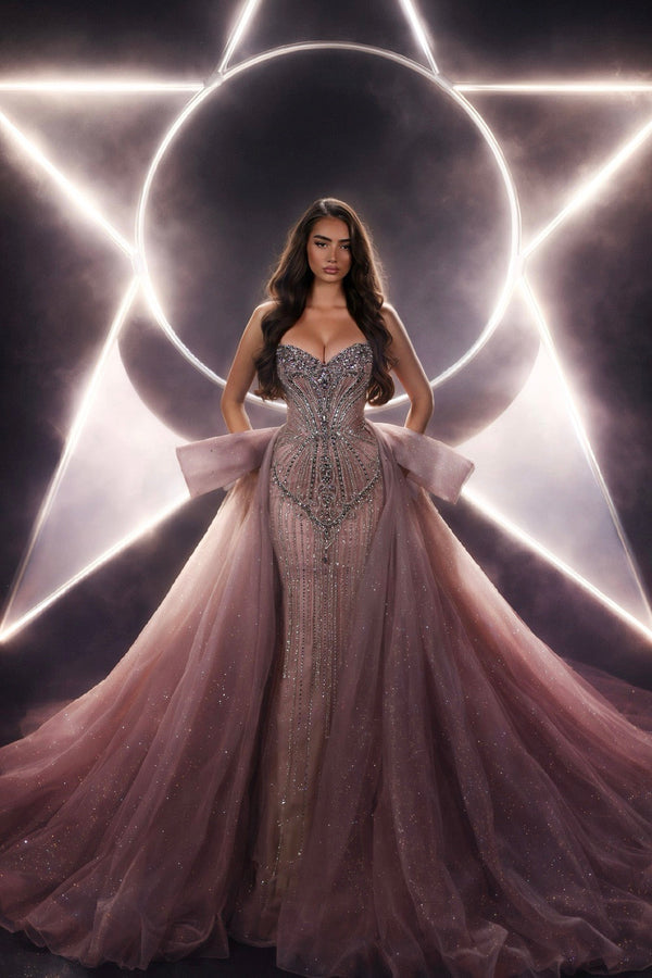 Strapless Curved Neck Floor-Length Tulle Prom Mermaid Gown