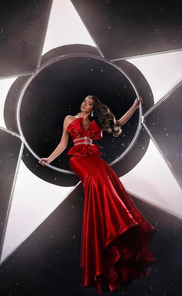 V-Neck Floor-Length with Train Satin Formal Mermaid Dress