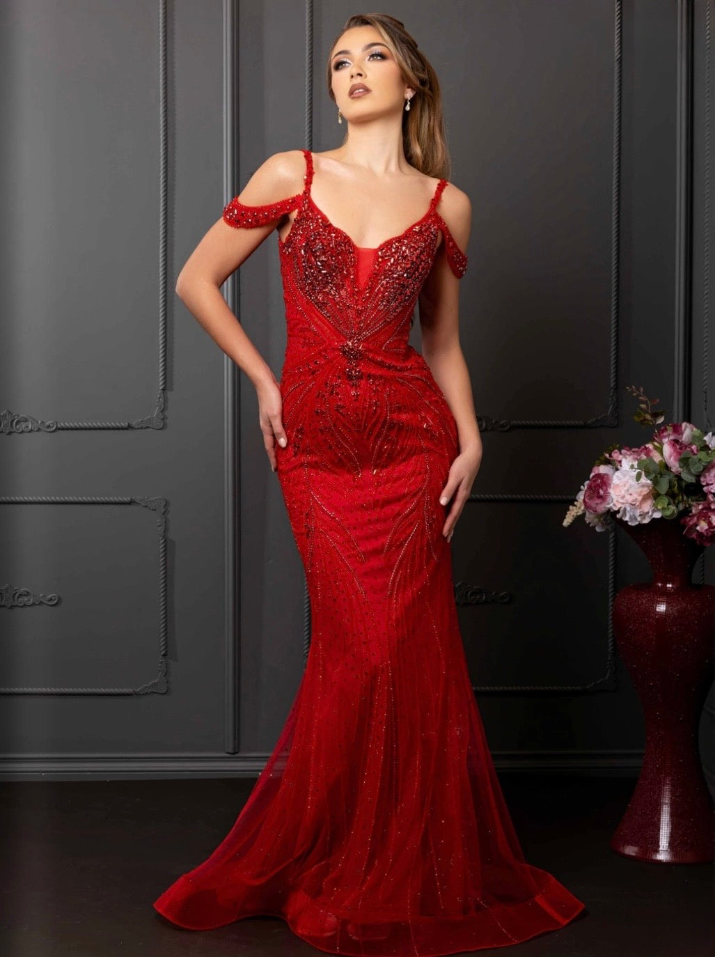 Red V-Neck Floor-Length Mesh Prom Dress Beaded May Queen RQ8259