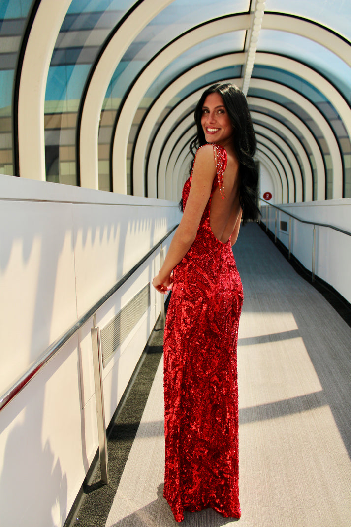 Prom Dresses Long Fitted Formal Fringe Prom Dress Red