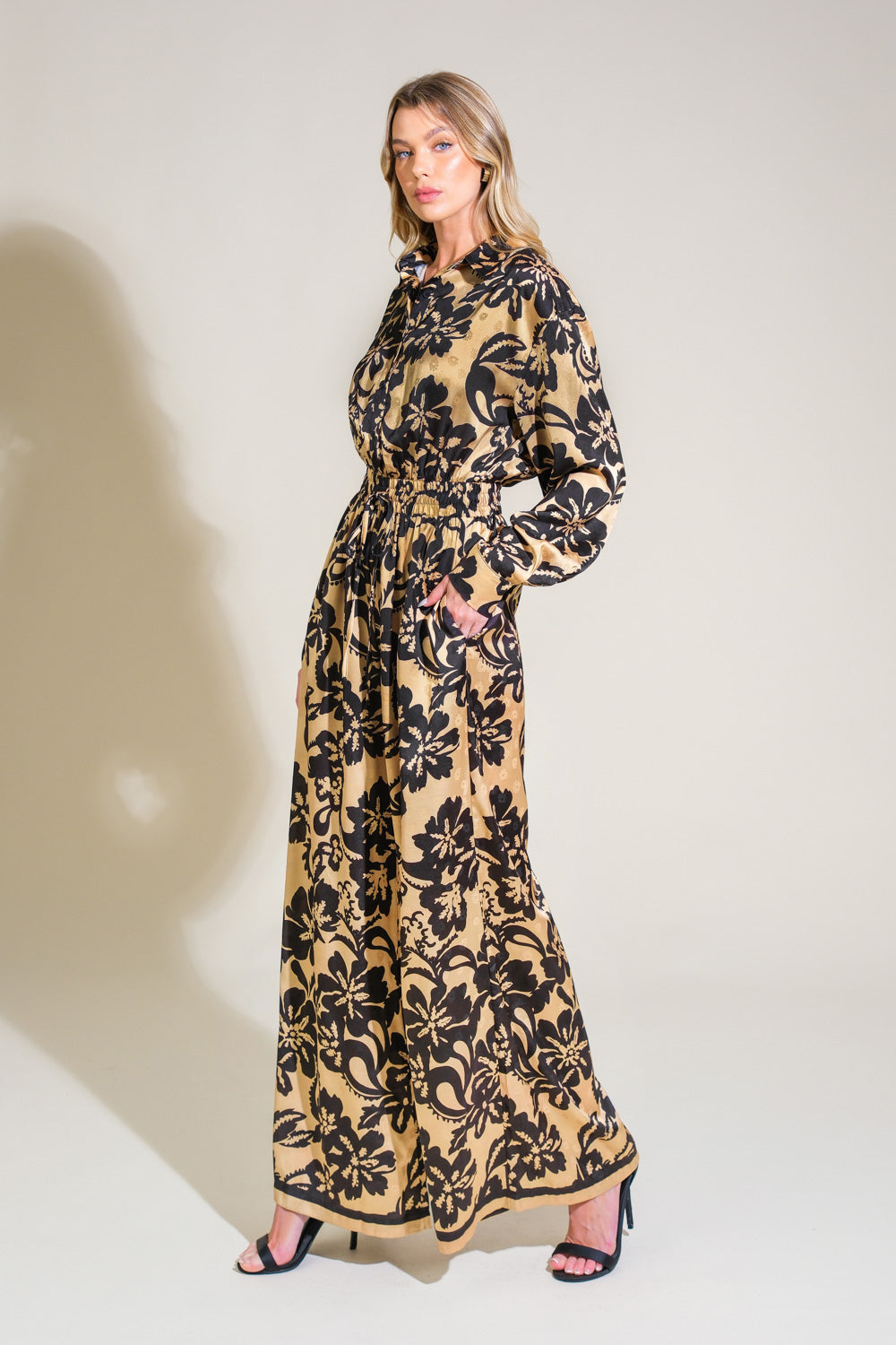 Jumpsuit Floral Print Long Sleeve Formal Jumpsuit Black/Taupe