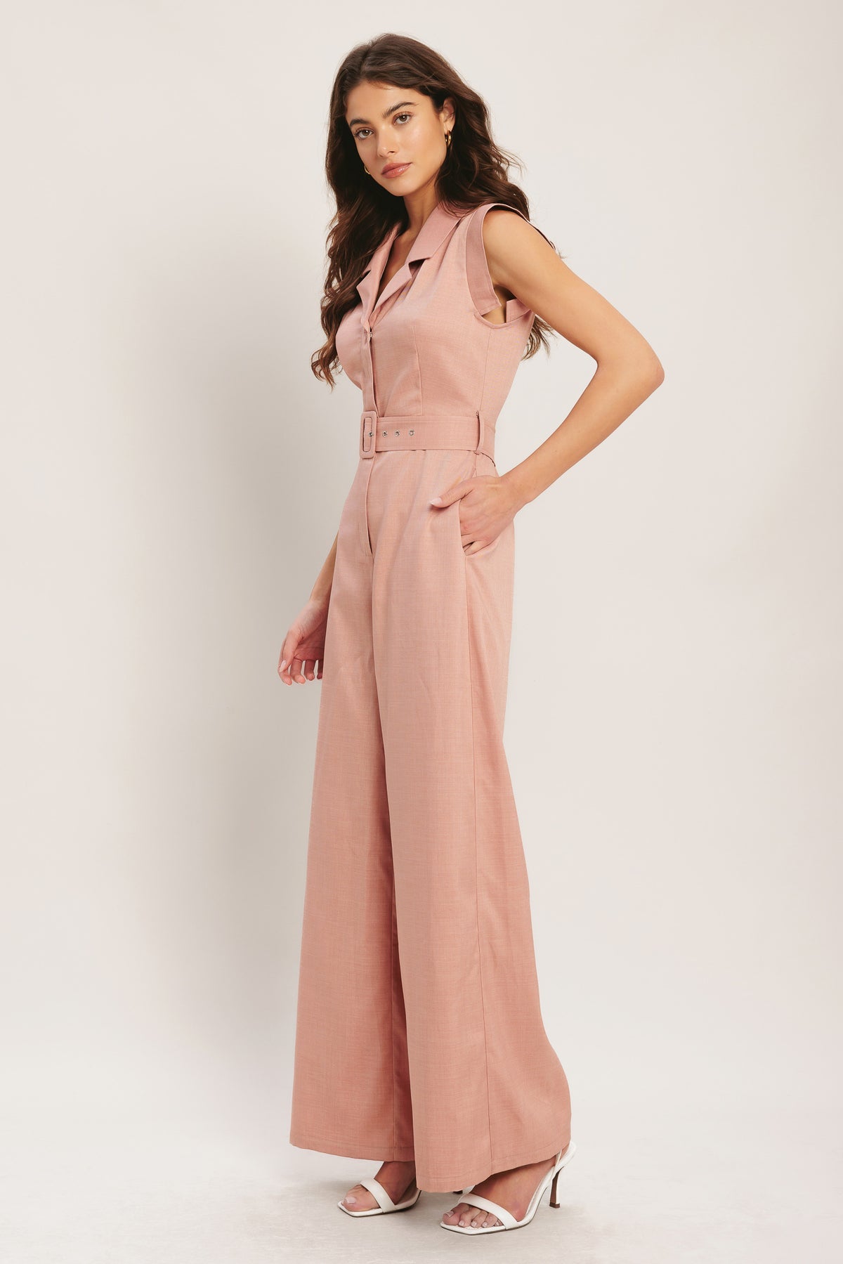 Blush Collared Wide Leg Woven Casual Jumpsuit with Belt Flying Tomato IP9198