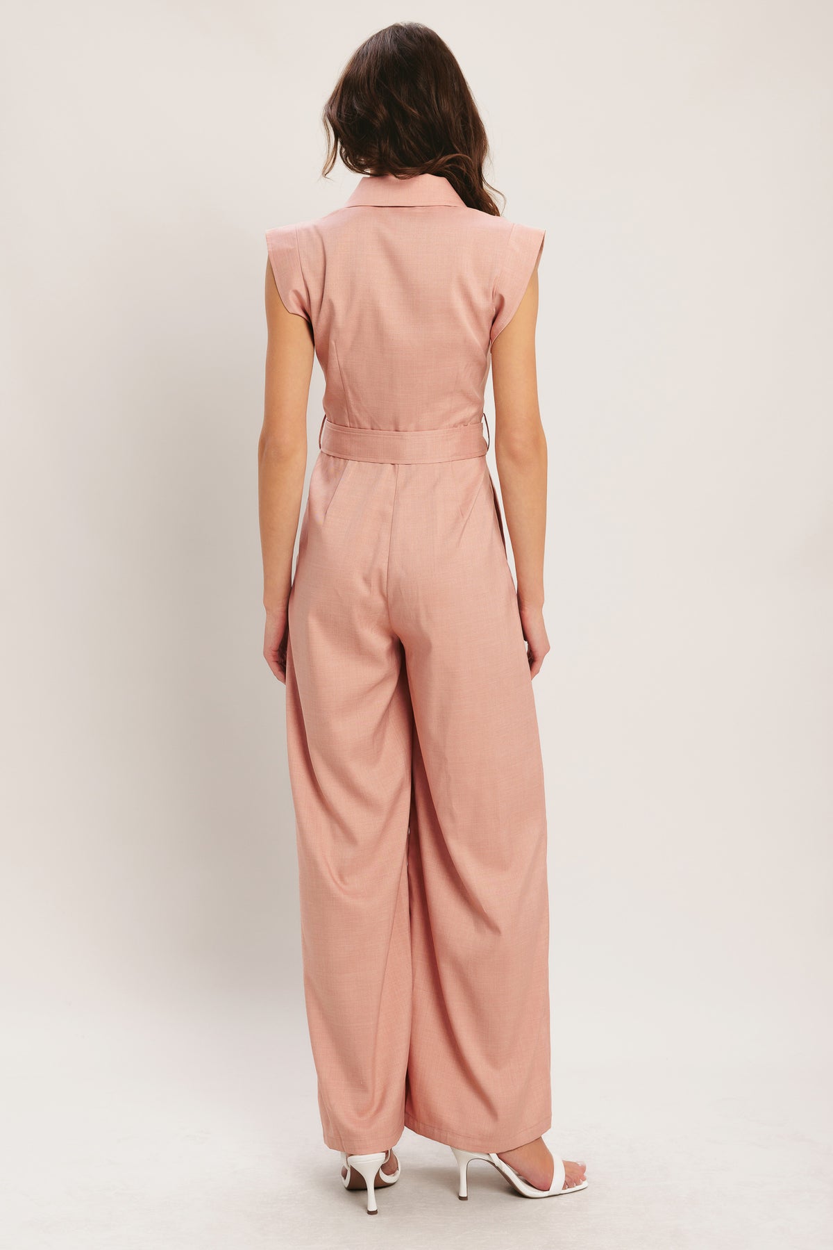 Blush Collared Wide Leg Woven Casual Jumpsuit with Belt Flying Tomato IP9198