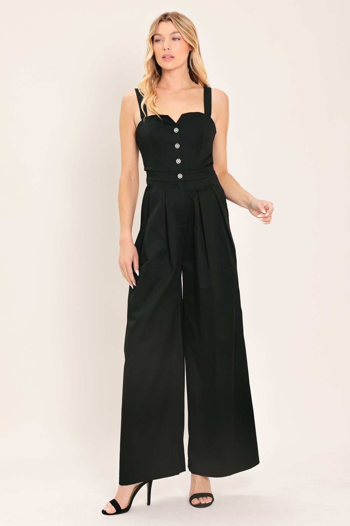 Black Sweetheart Floor-Length Cotton Jumpsuit Button Flying Tomato IP9253
