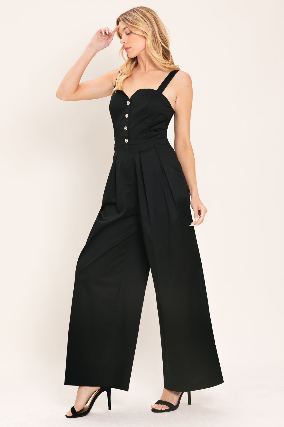 Black Sweetheart Floor-Length Cotton Jumpsuit Button Flying Tomato IP9253