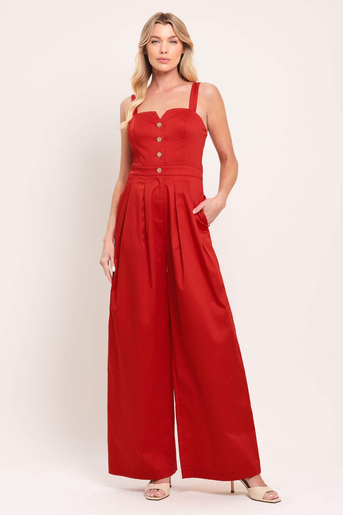 Red Sweetheart Floor-Length Cotton Jumpsuit Button Flying Tomato IP9253