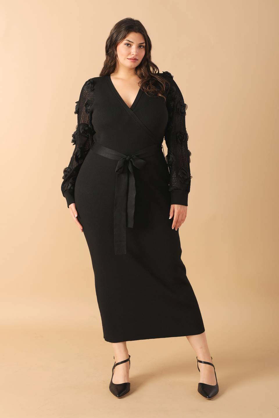 Plus Size Dresses Formal Long Sleeve 3D Floral  Plus Size Dress Black