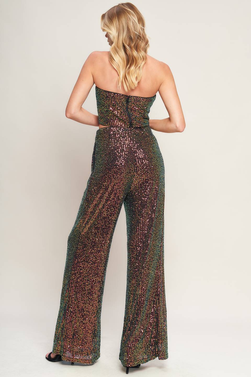 Pant Suit Long Formal Sequin Glitter Pant Suit Black Multi