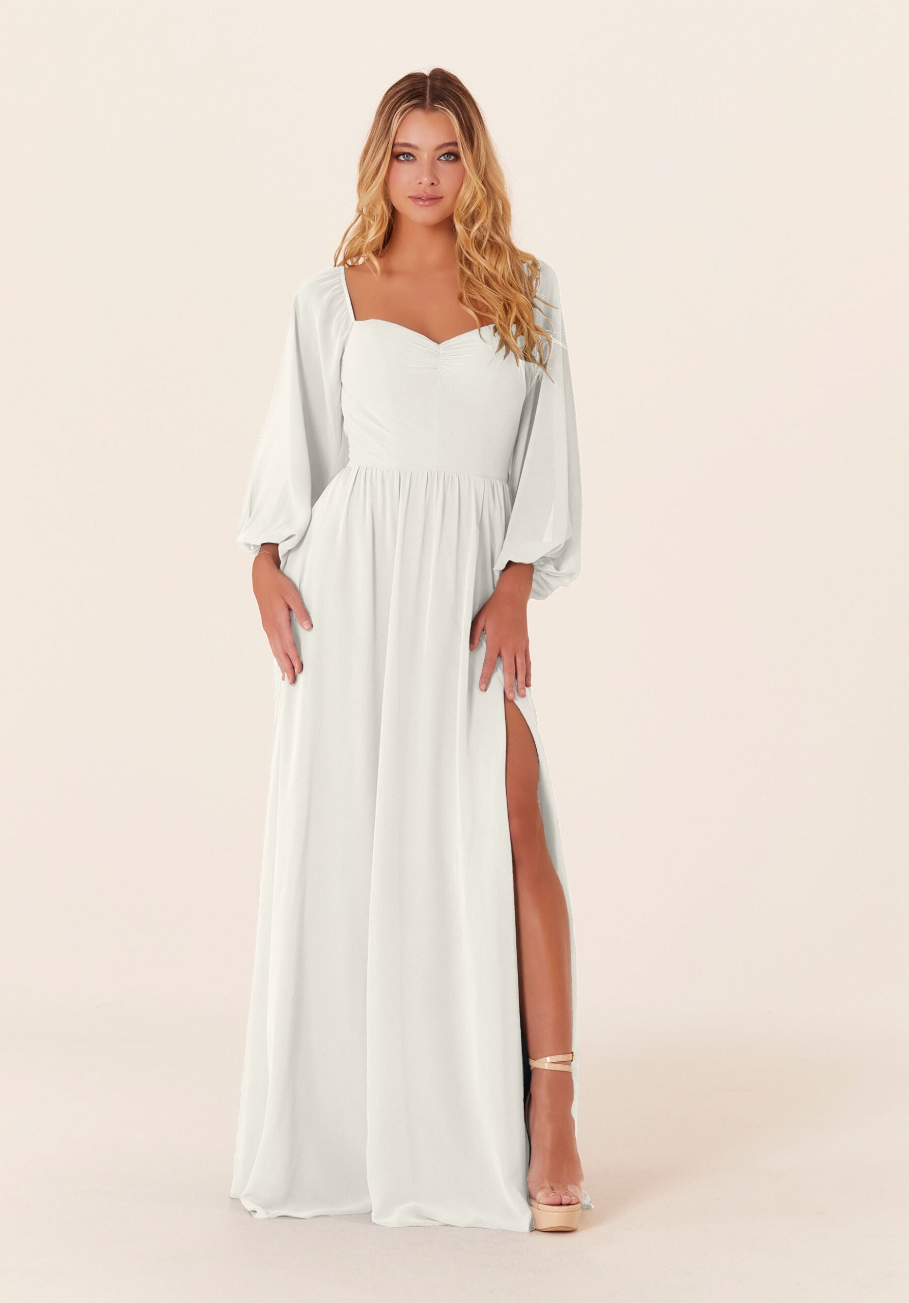 Wedding Dresses A Line Long Sleeve Bridal Wedding Dress Ivory-Chiffon-21830-Pleated