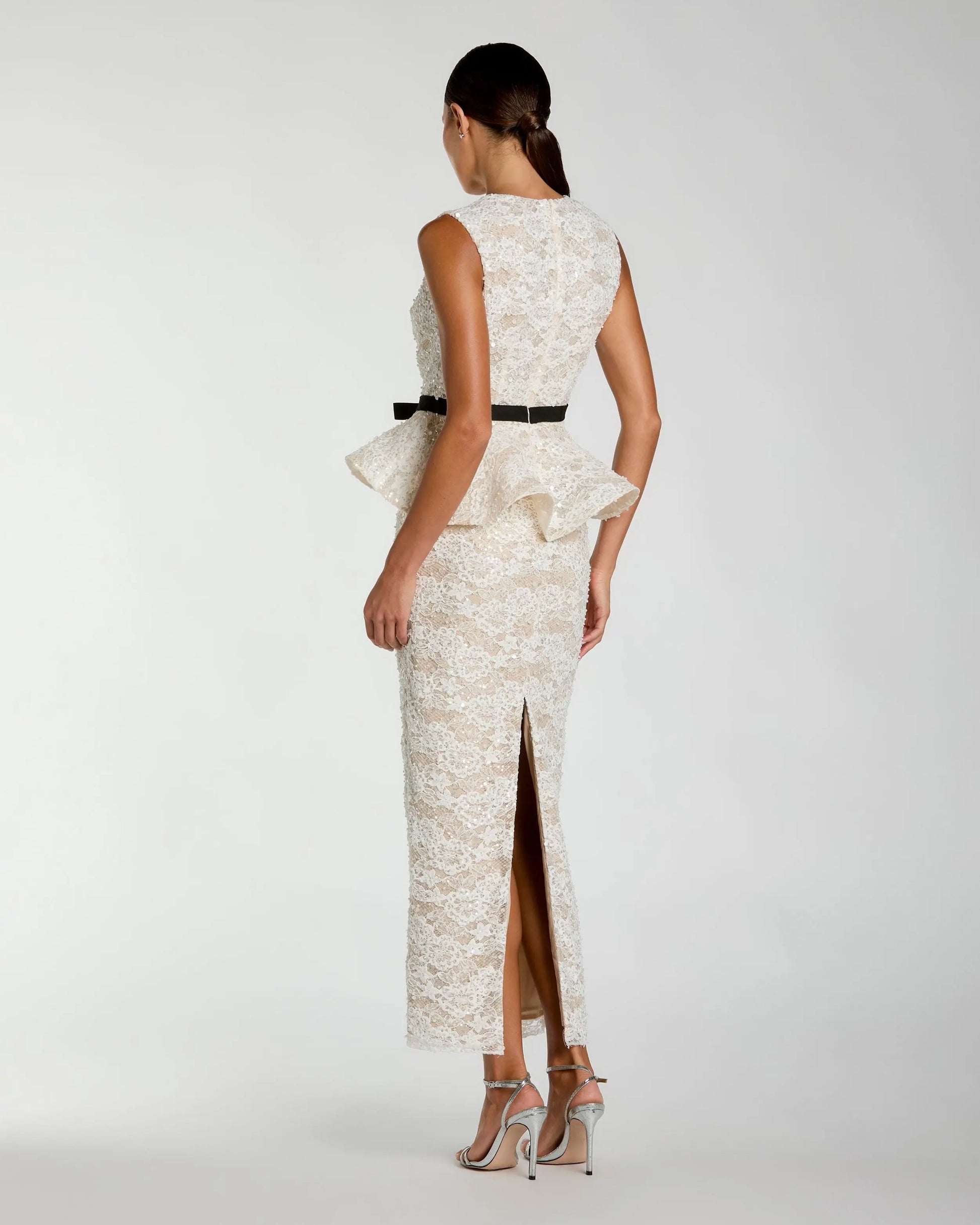 Wedding Dresses Tea Length Fitted Wedding Dress - Lace Applique - Mac Duggal 21228 Ivory Nude-Lace-21228-Sequin