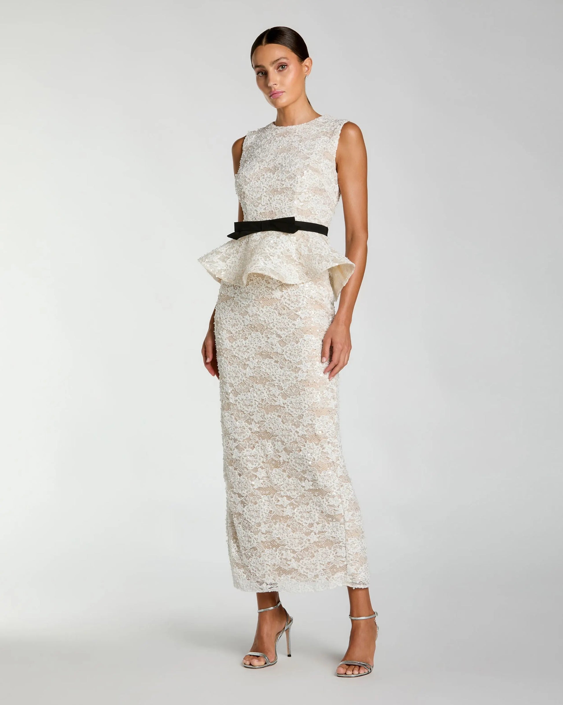 Wedding Dresses Tea Length Fitted Wedding Dress - Lace Applique - Mac Duggal 21228 Ivory Nude-Lace-21228-Sequin
