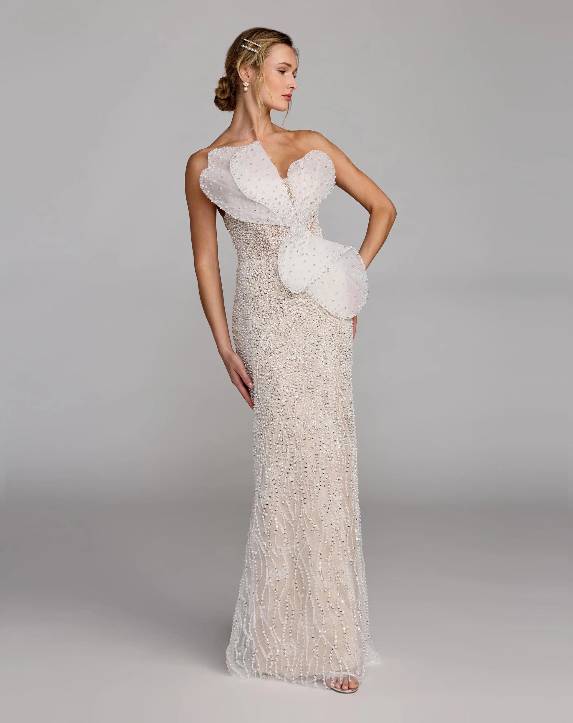Wedding Dresses Long Fitted Bridal Gown – Sequined Detail – Mac Duggal 21275 Ivory Nude-Mesh-21275-Sequin