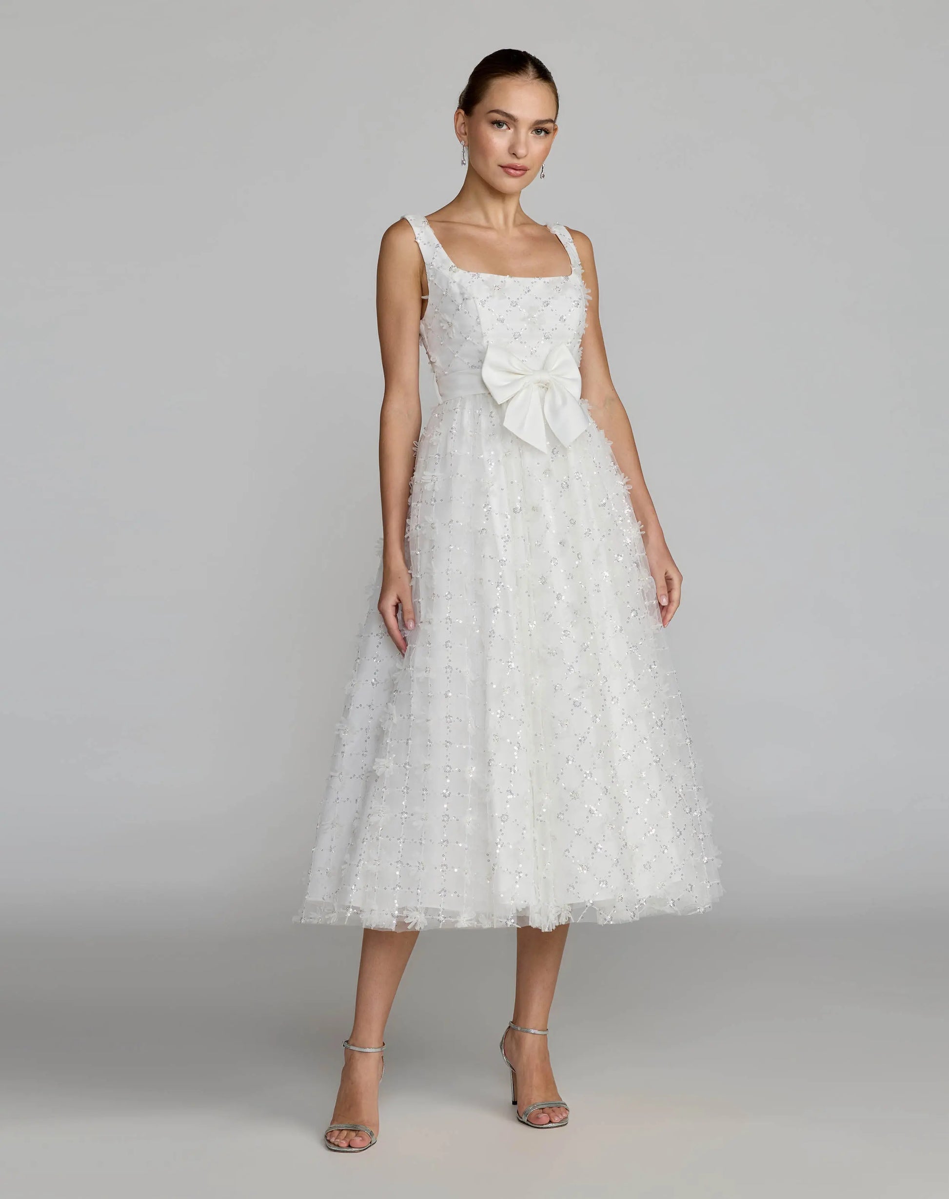 Wedding Dresses Midi 3D Floral Applique Wedding Dress - Sequin Detail - Mac Duggal 27824 Ivory-Tulle-27824-Floral