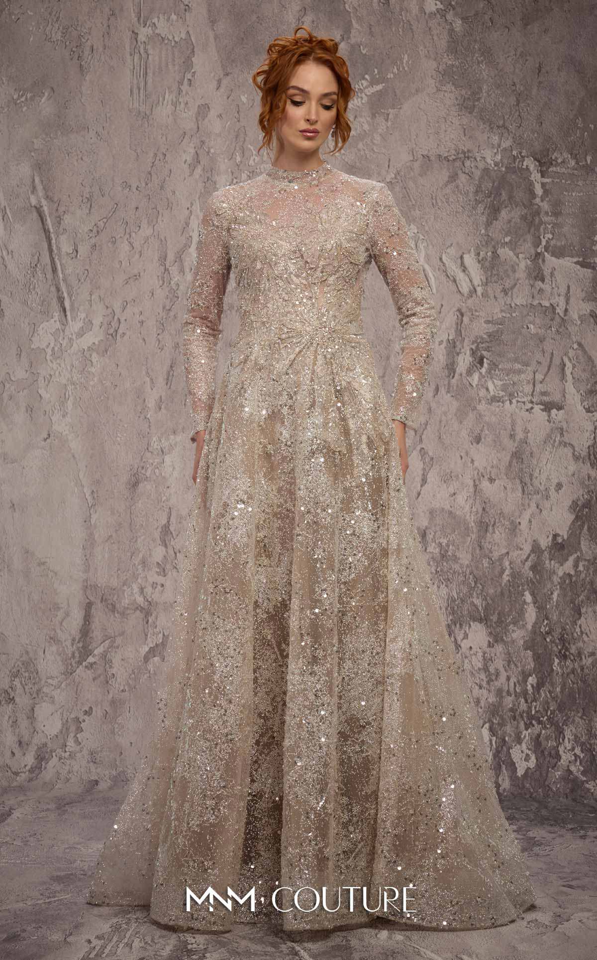 High Neck Long Sleeve Sequin Evening Gown by MNM Couture J02720 in Vision