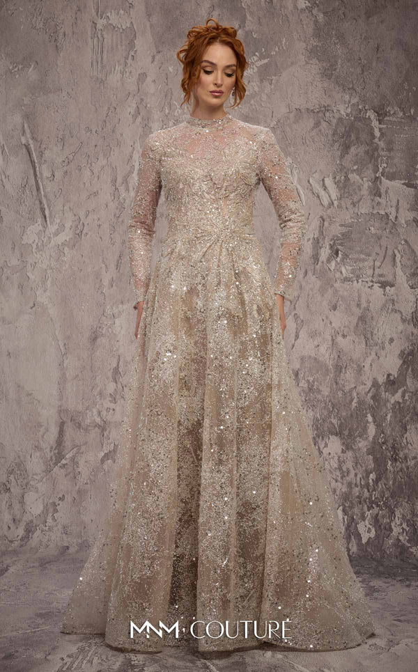 High Neck Long Sleeve Sequin Evening Gown by MNM Couture J02720