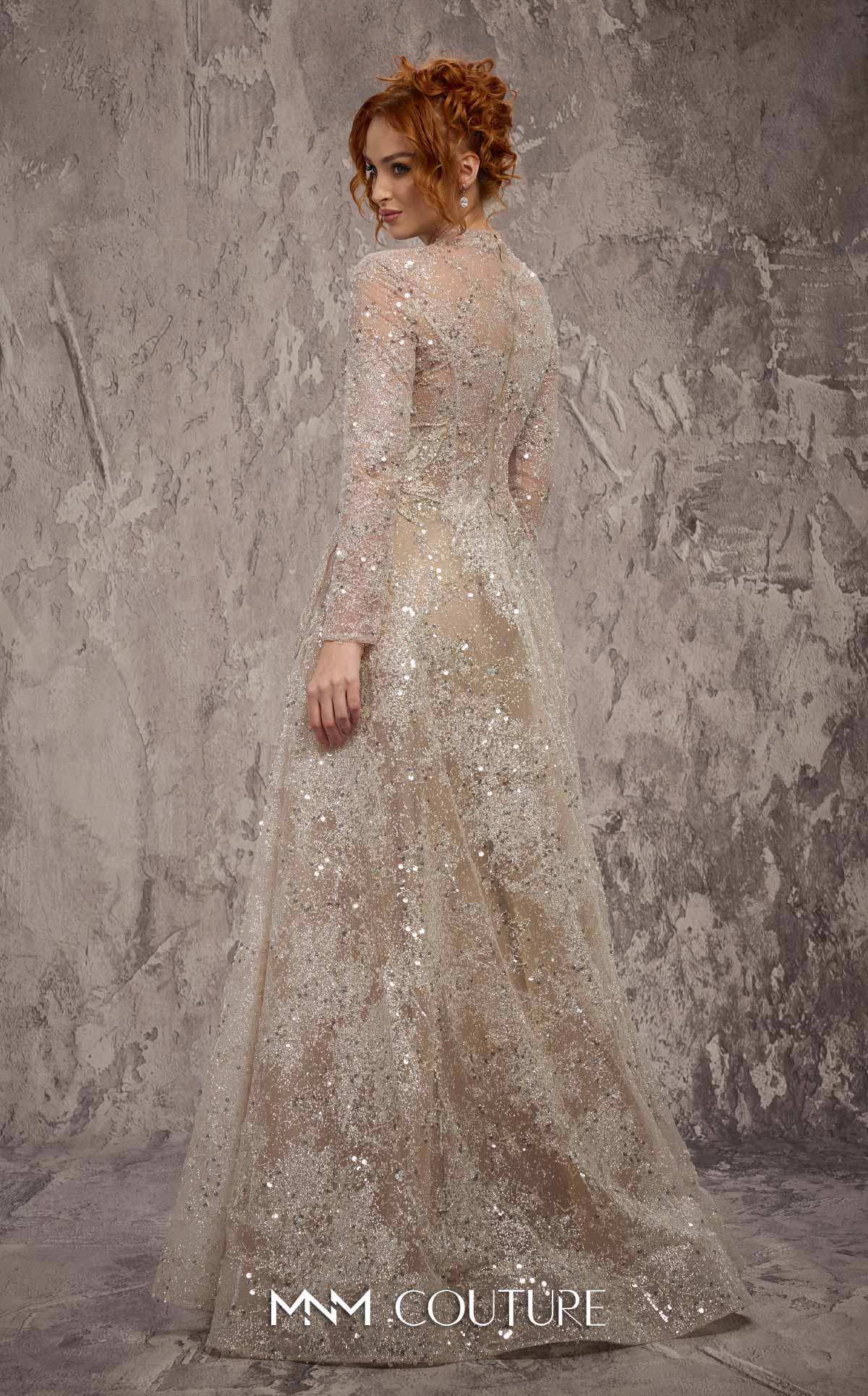 High Neck Long Sleeve Sequin Evening Gown by MNM Couture J02720 in Vision