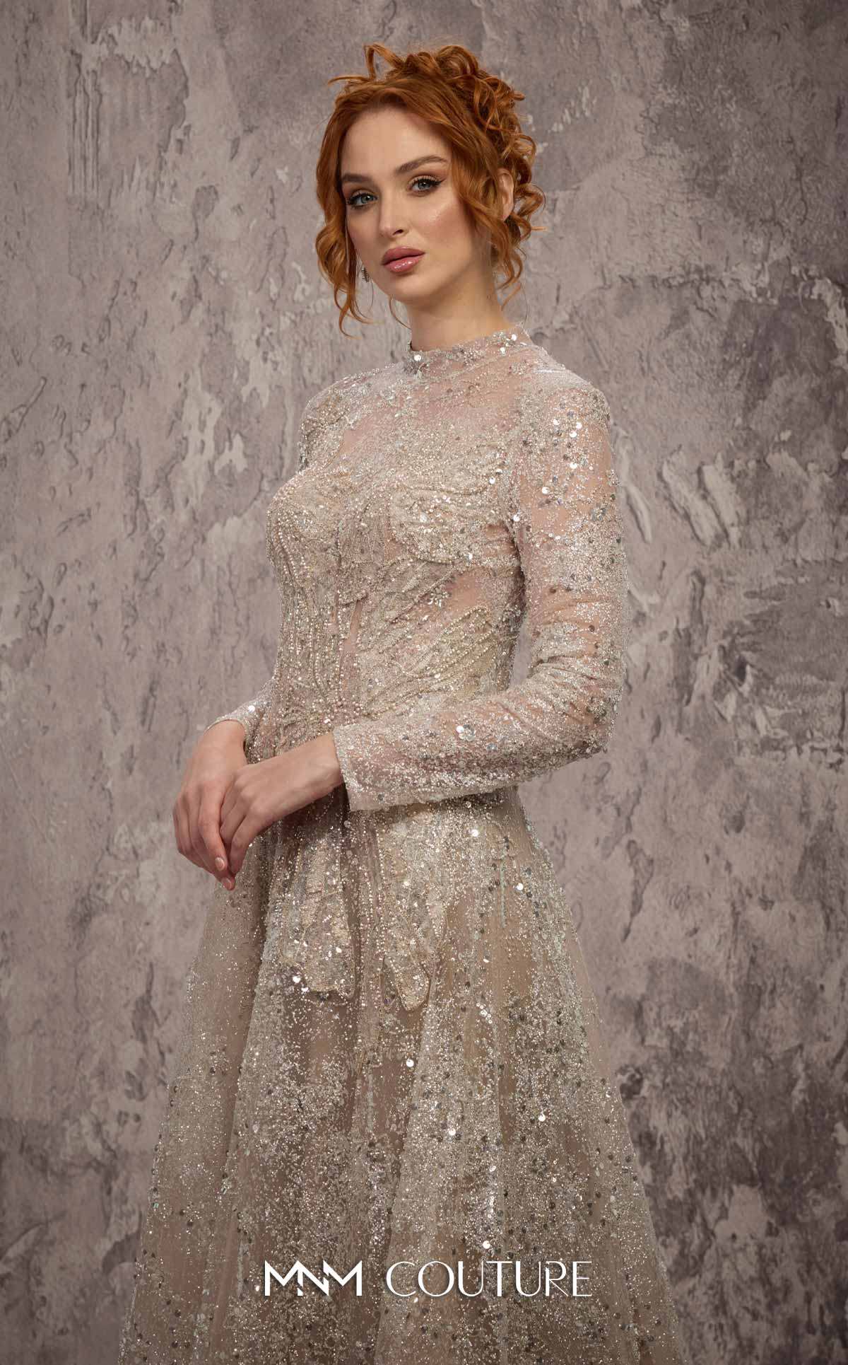 High Neck Long Sleeve Sequin Evening Gown by MNM Couture J02720 in Vision