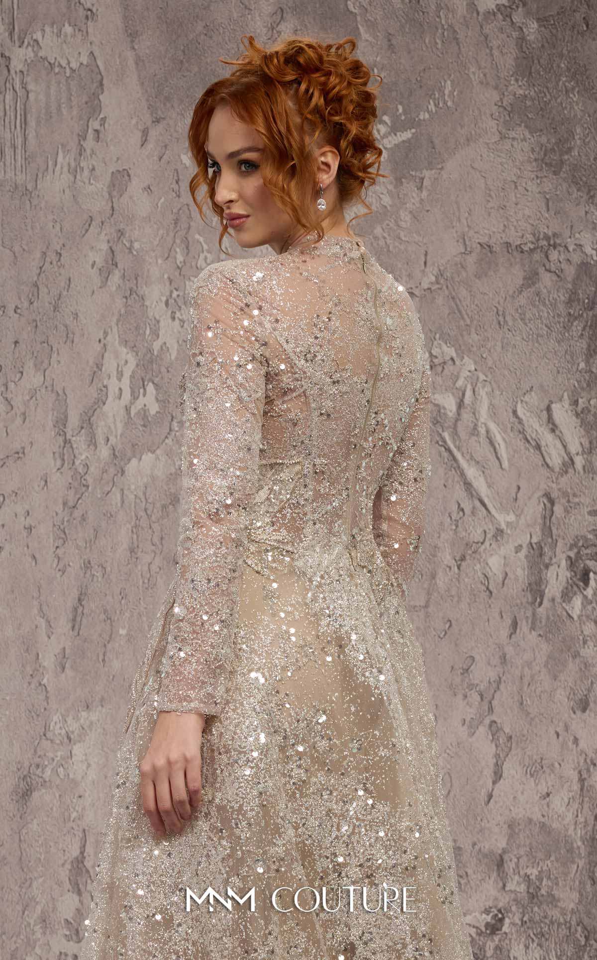 High Neck Long Sleeve Sequin Evening Gown by MNM Couture J02720 in Vision
