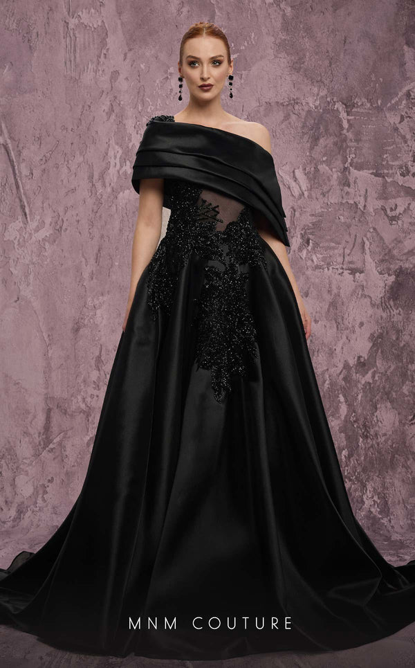 Off-Shoulder Ball Gown Satin Formal Dress by MNM Couture J03128