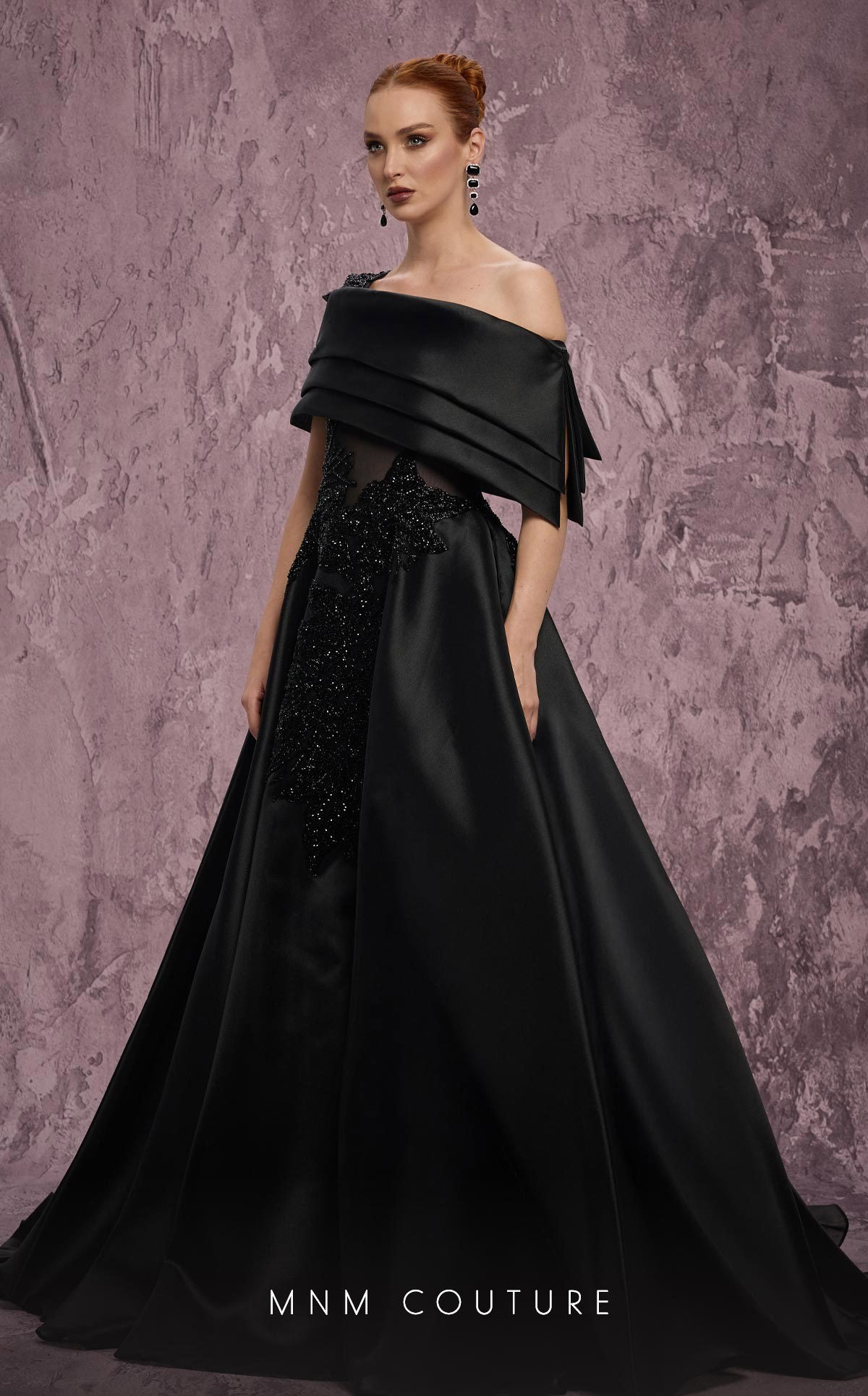 Off-Shoulder Ball Gown Satin Formal Dress by MNM Couture J03128 in Black