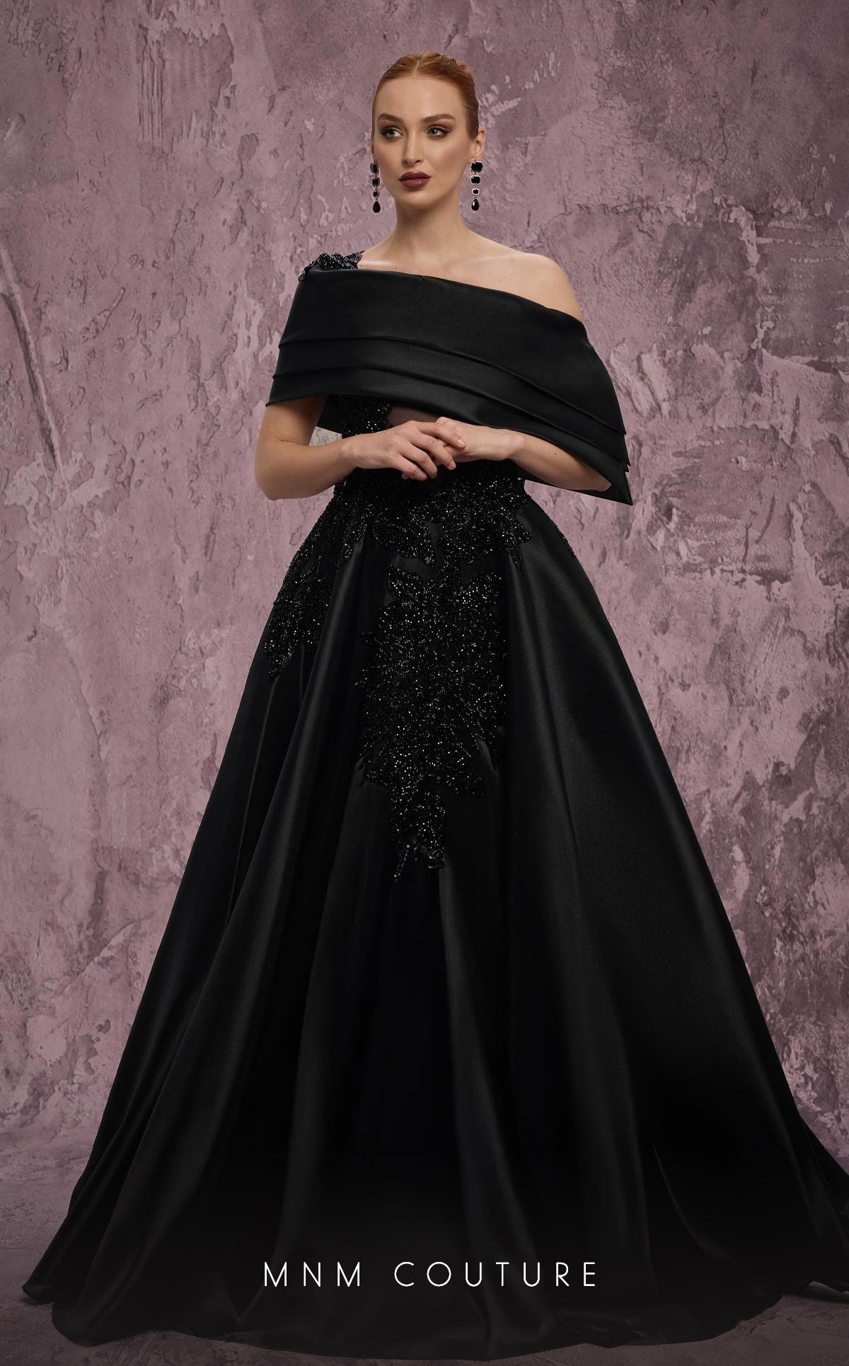 Off-Shoulder Ball Gown Satin Formal Dress by MNM Couture J03128 in Black