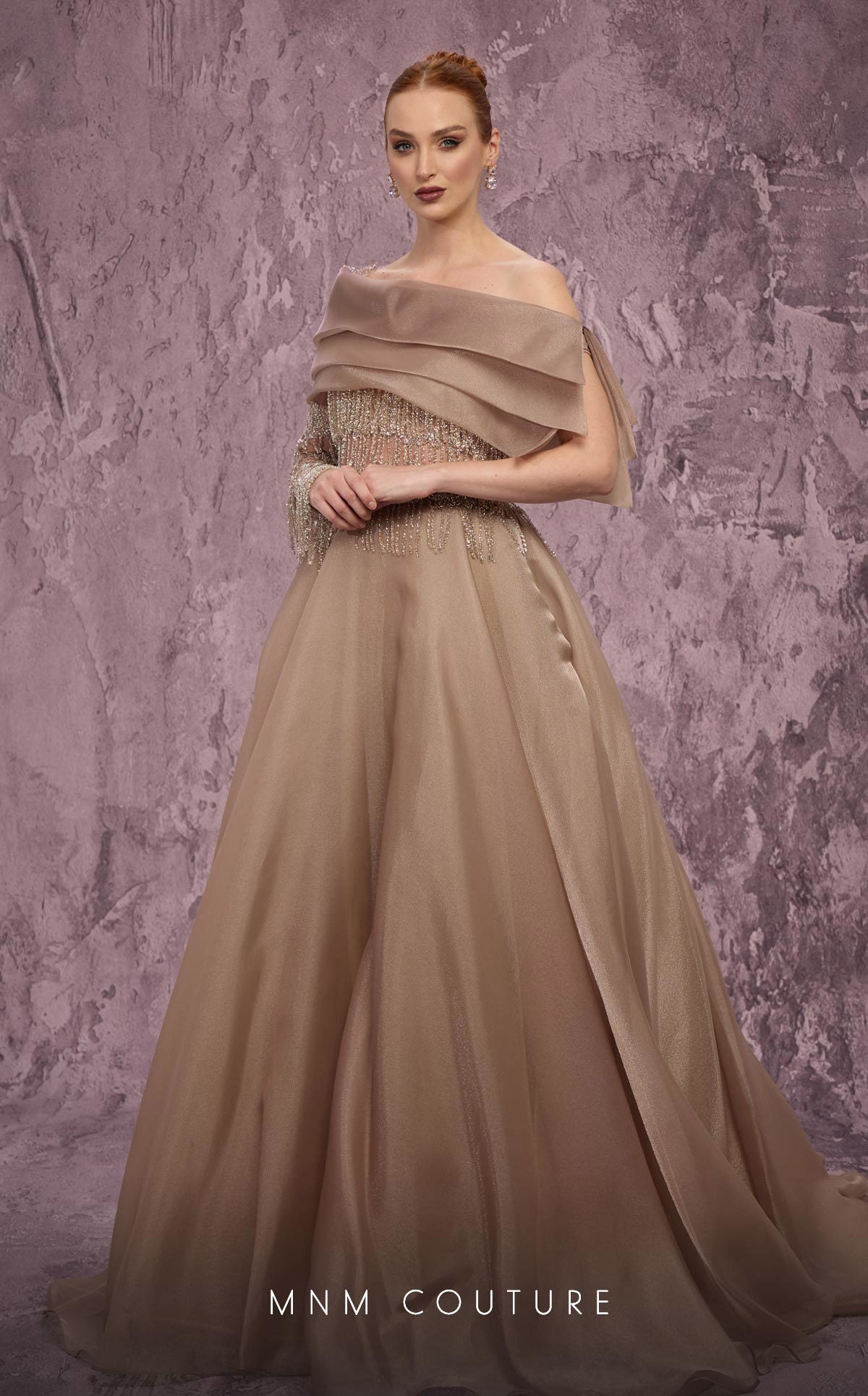 Off-Shoulder A-Line Tulle Evening Gown by MNM Couture J03308 in Vision