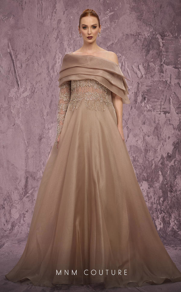 Off-Shoulder A-Line Tulle Evening Gown by MNM Couture J03308
