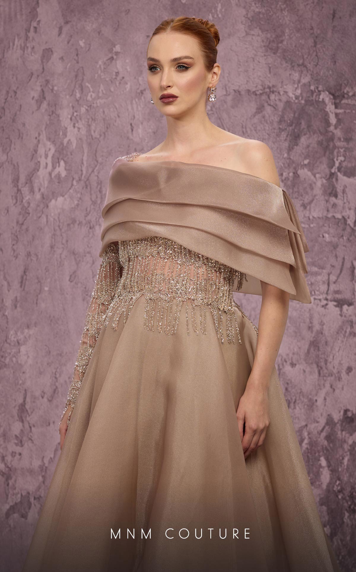 Off-Shoulder A-Line Tulle Evening Gown by MNM Couture J03308 in Vision